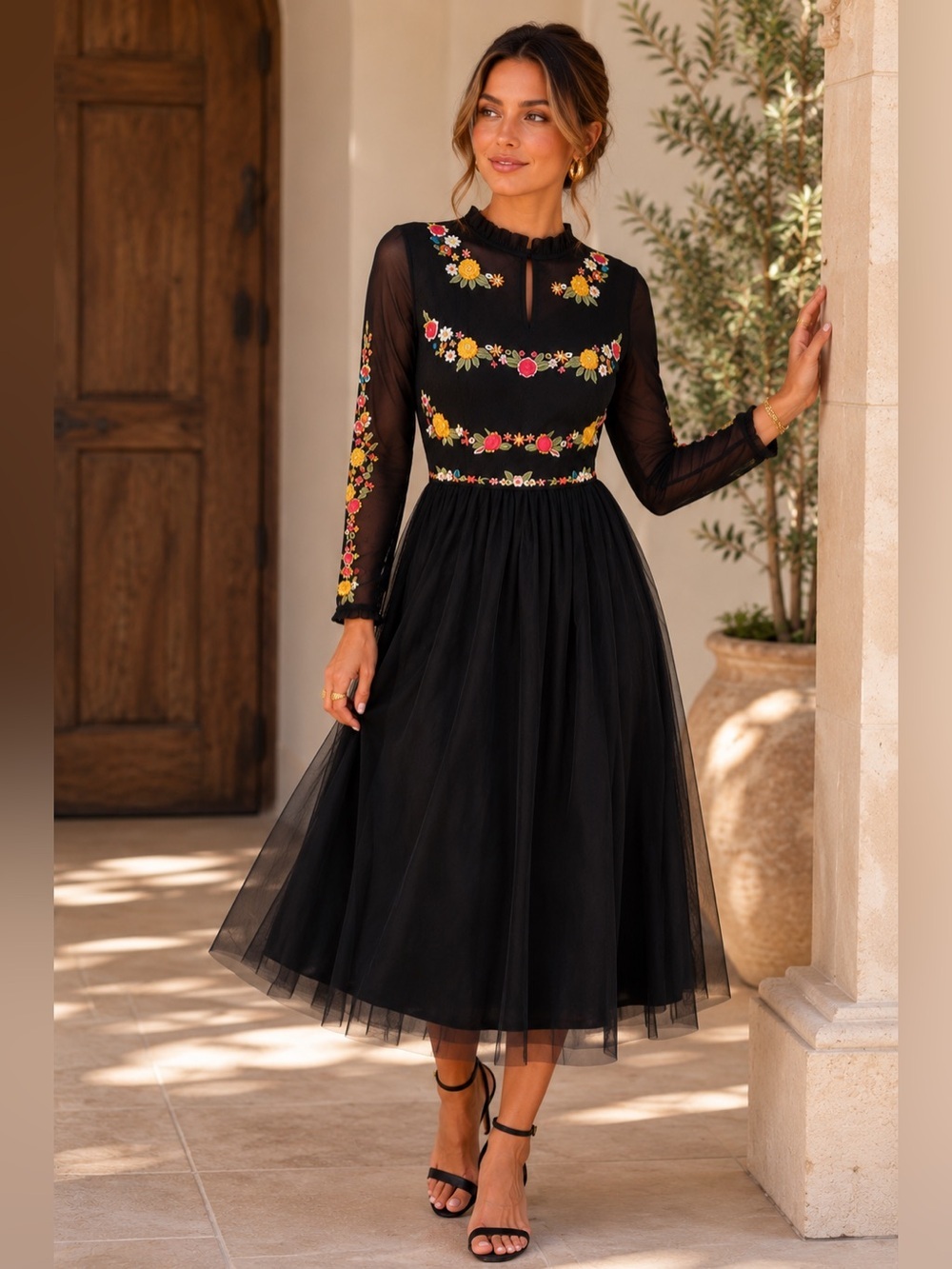 Modcloth Black Midi Dress with Multicolor Floral Embroidery